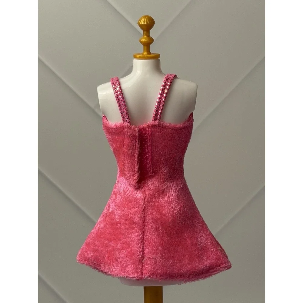 1997 Sweetheart Barbie Doll Pink Short Velvet Dress Silver Accents